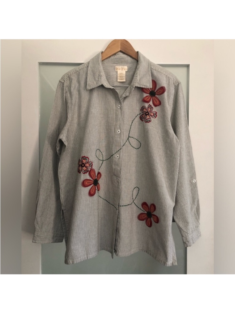 Vintage Bobbie Brooks Striped Cotton Shirt - Embroidered - made in India - XL